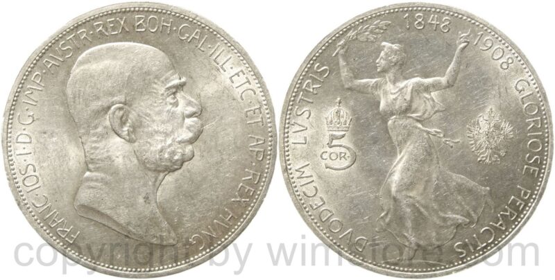 franz josef i., 5 kronen 1908, 60 jahre regierungsjubiläum, silber, vz st franz josef i., 5 kronen 1908, 60 jahre regierungsjubiläum, silber, vz st