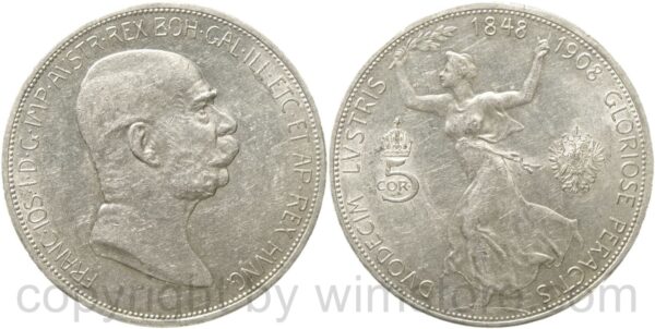 franz josef i., 5 kronen 1908, 60 jahre regierungsjubiläum, silber, vz