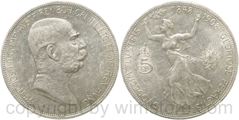 franz josef i., 5 kronen 1908, 60 jahre regierungsjubiläum, silber, vz franz josef i., 5 kronen 1908, 60 jahre regierungsjubiläum, silber, vz