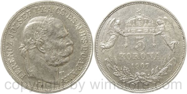 franz josef i., 5 korona 1907 kb, silber, ss, besitzerzeichen vor dem hals