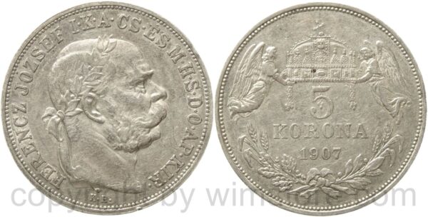 franz josef i., 5 korona 1907 kb, silber, ss, kl. rs.