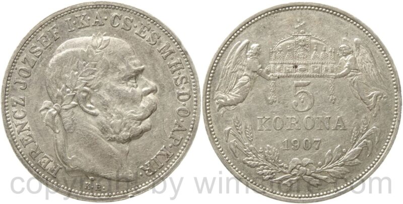 franz josef i., 5 korona 1907 kb, silber, ss, kl. rs. franz josef i., 5 korona 1907 kb, silber, ss, kl. rs.