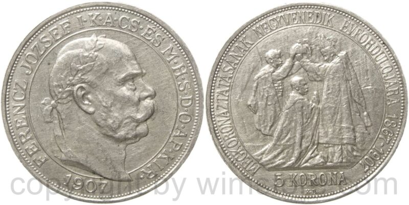 franz josef i., 5 korona 1907 kb, 40. jahrestag der krönung von franz josef i., silber, ss franz josef i., 5 korona 1907 kb, 40. jahrestag der krönung von franz josef i., silber, ss