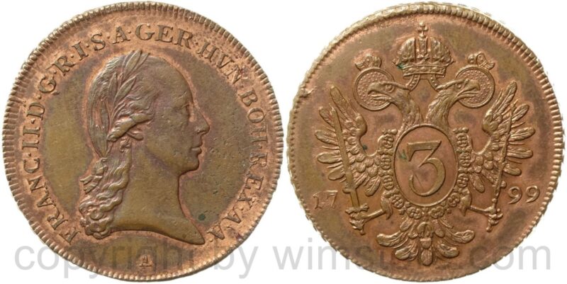 franz ii./i., 3 kreuzer 1799 a, wien, kupfer, st, in dieser erhaltung selten! franz ii./i., 3 kreuzer 1799 a, wien, kupfer, st, in dieser erhaltung selten!