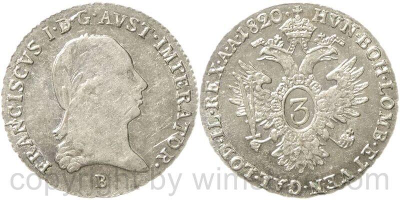 franz ii./i., 3 kreuzer 1820 b, kremnitz, silber, vz franz ii./i., 3 kreuzer 1820 b, kremnitz, silber, vz