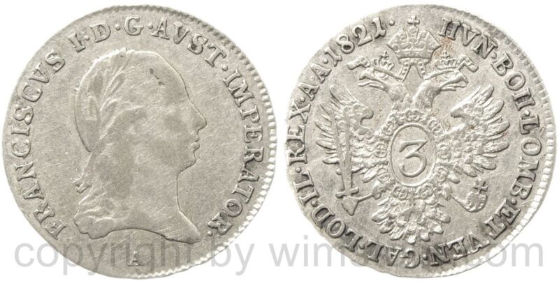 franz ii./i., 3 kreuzer 1821 a, wien, silber, ss franz ii./i., 3 kreuzer 1821 a, wien, silber, ss
