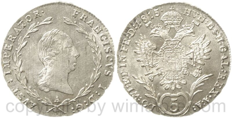 franz ii./i., 5 kreuzer 1815 a, wien, silber, st, kl. fleck beim kranz franz ii./i., 5 kreuzer 1815 a, wien, silber, st, kl. fleck beim kranz