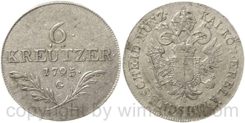 franz ii./i., 6 kreuzer 1795 g, nagybanya, silber, ss vz, schrötlingsfehler beim d von scheid franz ii./i., 6 kreuzer 1795 g, nagybanya, silber, ss vz, schrötlingsfehler beim d von scheid