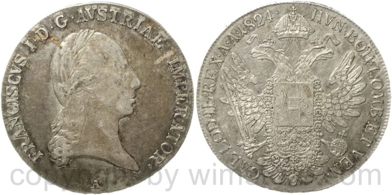 franz ii./i., taler 1824 a, wien, silber, ss, fleck im kopfbereich beim d von i.d.g. franz ii./i., taler 1824 a, wien, silber, ss, fleck im kopfbereich beim d von i.d.g.