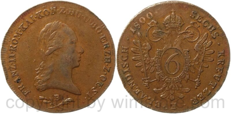 franz ii./i., 6 kreuzer 1800 b, kremnitz, kupfer, ss vz, randschaden franz ii./i., 6 kreuzer 1800 b, kremnitz, kupfer, ss vz, randschaden