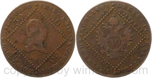 franz ii./i., 30 kreuzer 1807 a, wien, kupfer, s ss, rand beschädigt