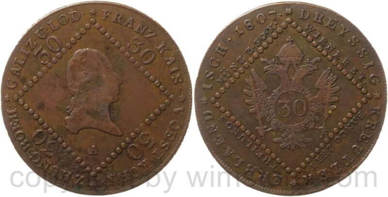 franz ii./i., 30 kreuzer 1807 a, wien, kupfer, s ss, rand beschädigt franz ii./i., 30 kreuzer 1807 a, wien, kupfer, s ss, rand beschädigt