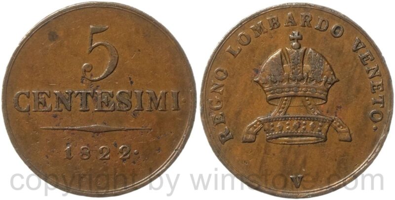 lombardei venetien, franz ii./i., 5 centesimi 1822 v, venedig, kupfer, ss, korrodiert lombardei venetien, franz ii./i., 5 centesimi 1822 v, venedig, kupfer, ss, korrodiert