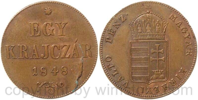 ungarische revolution, egy krajczar 1848, kupfer, vz, schrötlingsfehler ungarische revolution, egy krajczar 1848, kupfer, vz, schrötlingsfehler