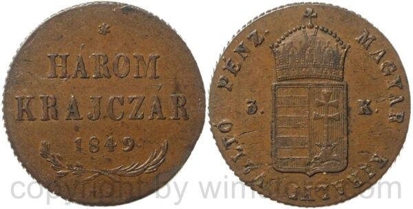 ungarische revolution, harom krajczar 1849 nb, kupfer, ss, schrötlingsfehler