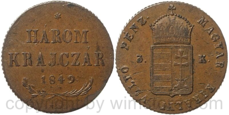 ungarische revolution, harom krajczar 1849 nb, kupfer, ss, schrötlingsfehler ungarische revolution, harom krajczar 1849 nb, kupfer, ss, schrötlingsfehler