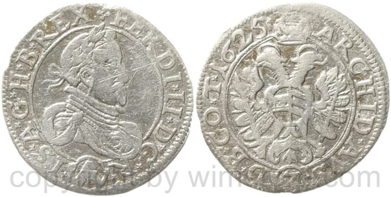 ferdinand ii. 1619 1637, groschen 1625 wien, umschriftvariante zu her 1038, rv: avs d.b..., silber, ss ferdinand ii. 1619 1637, groschen 1625 wien, umschriftvariante zu her 1038, rv: avs d.b..., silber, ss