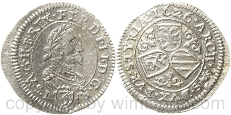 ferdinand ii. 1619 1637, groschen 1626 graz, ohne mz., her. 1079, silber, vz