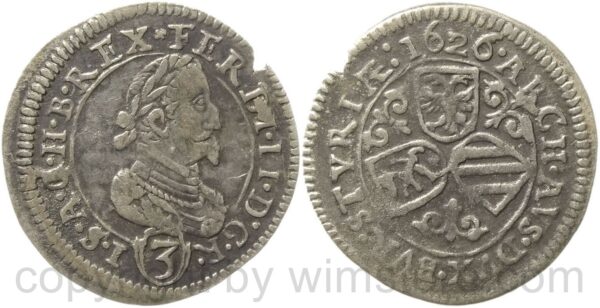 ferdinand ii. 1619 1637, groschen 1626 graz, ohne mz., her. 1079, silber, ss vz