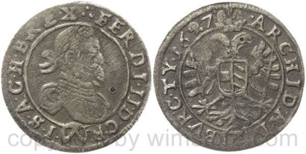 ferdinand ii. 1619 1637, groschen 1627 wien, her. 1044, silber, ss