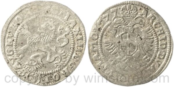 maximilian ii. 1564 1576, weißgroschen 1577, kuttenberg, mm. georg satny, silber, ss, prägeschwäche