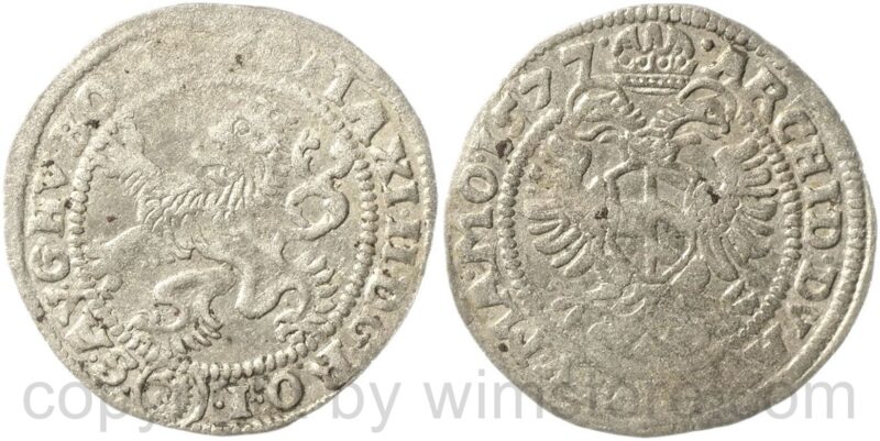 maximilian ii. 1564 1576, weißgroschen 1577, kuttenberg, mm. georg satny, silber, ss, prägeschwäche maximilian ii. 1564 1576, weißgroschen 1577, kuttenberg, mm. georg satny, silber, ss, prägeschwäche