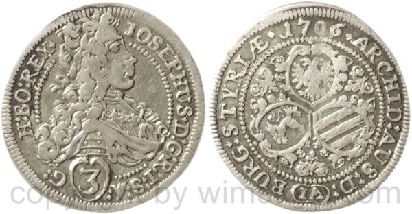 josef i. 1705 1711, groschen (3 kreuzer) 1706 ia, graz, münzmeister j.j. aigmann, silber, ss