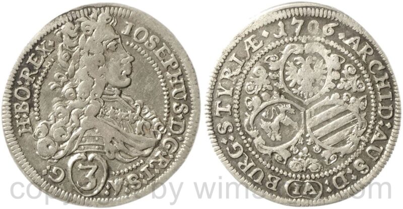 josef i. 1705 1711, groschen (3 kreuzer) 1706 ia, graz, münzmeister j.j. aigmann, silber, ss josef i. 1705 1711, groschen (3 kreuzer) 1706 ia, graz, münzmeister j.j. aigmann, silber, ss