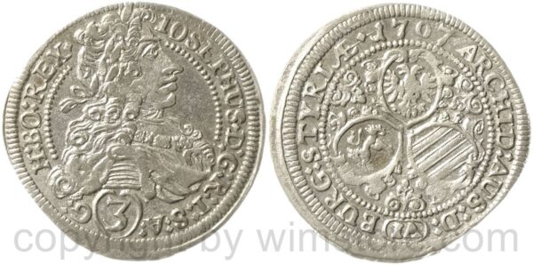 josef i. 1705 1711, groschen (3 kreuzer) 1707 ia, graz, münzmeister j.j. aigmann, silber, vz