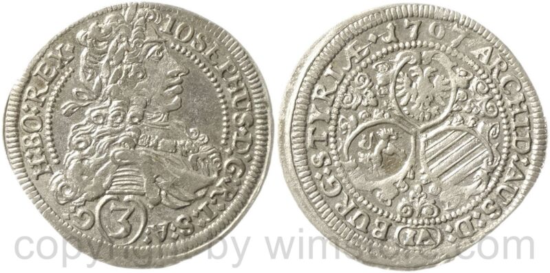 josef i. 1705 1711, groschen (3 kreuzer) 1707 ia, graz, münzmeister j.j. aigmann, silber, vz josef i. 1705 1711, groschen (3 kreuzer) 1707 ia, graz, münzmeister j.j. aigmann, silber, vz