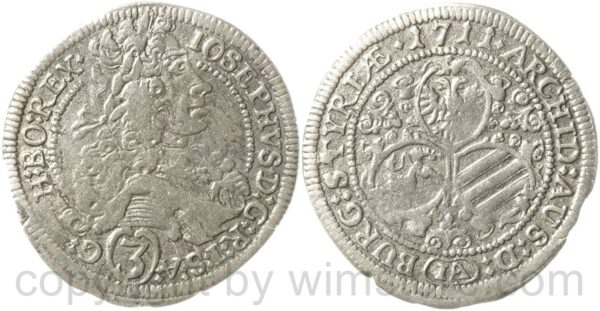 josef i. 1705 1711, grogroschen (3 kreuzer)schen 1711 ia, graz, münzmeister j.j. aigmann, silber, s ss