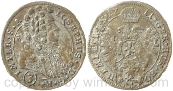 josef i. 1705 1711, groschen (3 kreuzer) 1711 b w, kuttenberg, münzmeister bernhard wonsiedler, silber, s, korrodiert