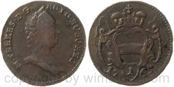 maria theresia 1740 1780, 1 pfennig 1765, umschriftvariante d.g. ro.i...., kupfer, s