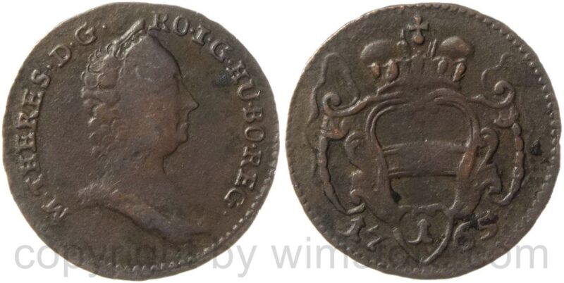 maria theresia 1740 1780, 1 pfennig 1765, umschriftvariante d.g. ro.i...., kupfer, s maria theresia 1740 1780, 1 pfennig 1765, umschriftvariante d.g. ro.i...., kupfer, s