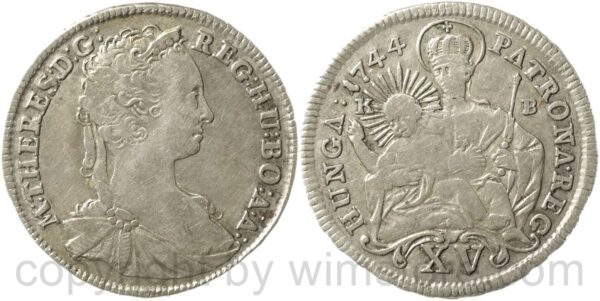 maria theresia 1740 1780, 15 kreuzer (xv kreuzer) 1744 kb, silber, ss