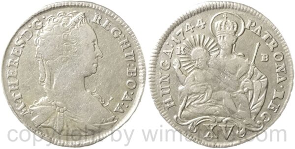 maria theresia 1740 1780, 15 kreuzer (xv kreuzer) 1744 kb, silber, ss