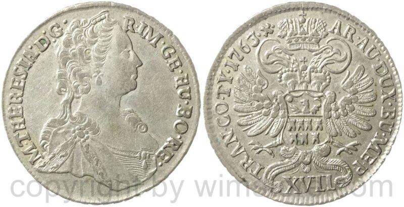 maria theresia 1740 1780, 17 kreuzer (xvii kreuzer) 1763 karlsburg, silber, ss maria theresia 1740 1780, 17 kreuzer (xvii kreuzer) 1763 karlsburg, silber, ss