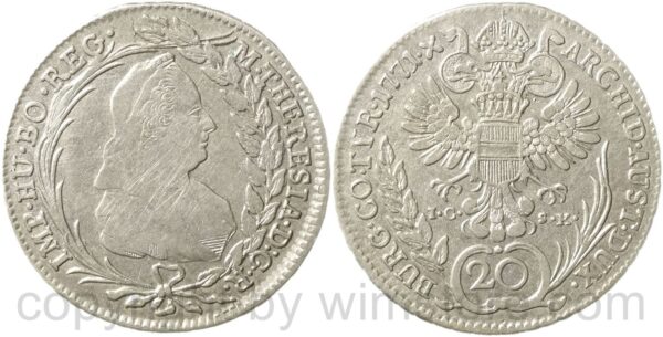maria theresia 1740 1780, 20 kreuzer 1771 i.c. s.k., wien, silber, s ss