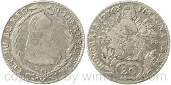 maria theresia 1740 1780, 20 kreuzer 1776 b // s.k. p.d., kremnitz, silber, s