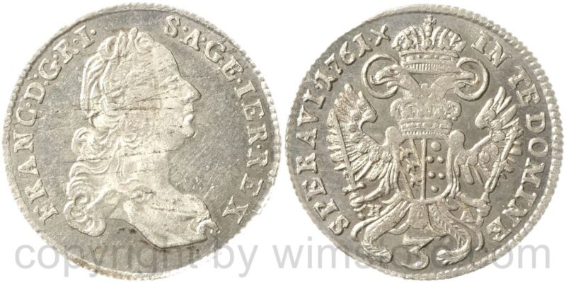 franz von lothringen 1745 1765, groschen (3 kreuzer) 1761 h a, hall, silber, st, kopfseitig leider der übliche schrötlingsfehler