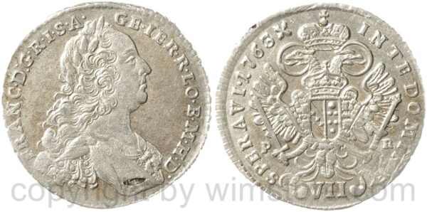 franz von lothringen 1745 1765, 7 kreuzer (vii kreuzer) 1763 p r, prag, silber, vz, kopfseitig re.u. kleiner sf.