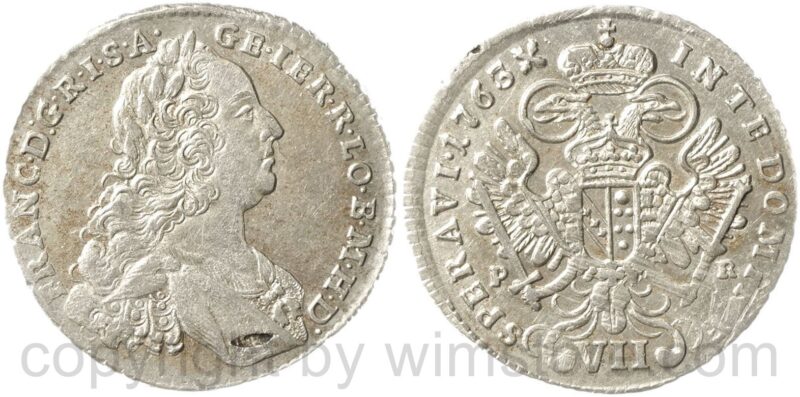 franz von lothringen 1745 1765, 7 kreuzer (vii kreuzer) 1763 p r, prag, silber, vz, kopfseitig re.u. kleiner sf.