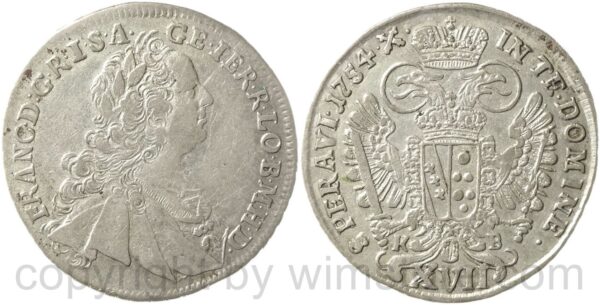franz von lothringen 1745 1765, xvii kreuzer 1754 kb, kremnitz, silber, ss