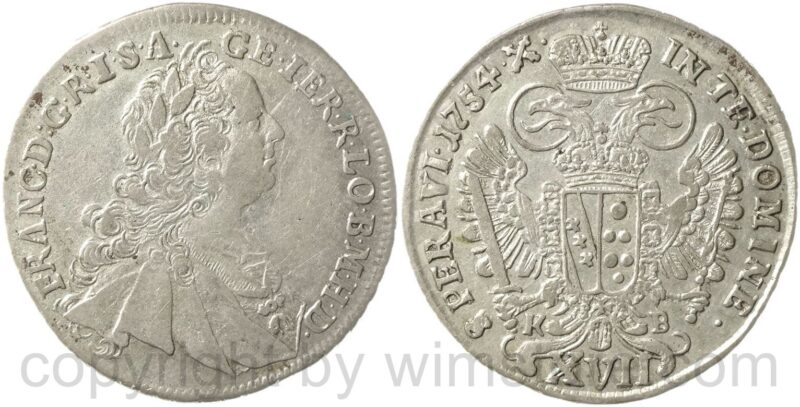 franz von lothringen 1745 1765, xvii kreuzer 1754 kb, kremnitz, silber, ss