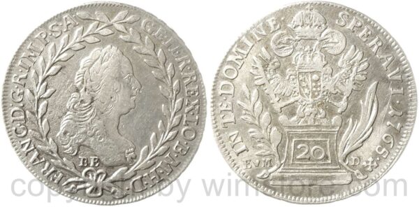 franz von lothringen 1745 1765, 20 kreuzer 1765 kremnitz, be // evm d, posthum 1770, silber, ss