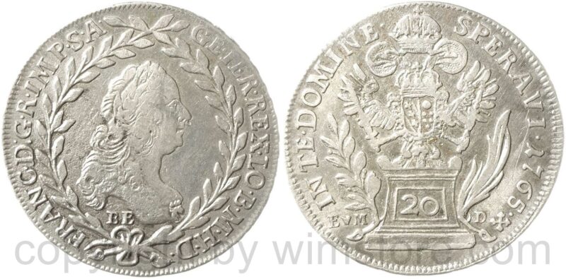 franz von lothringen 1745 1765, 20 kreuzer 1765 kremnitz, be // evm d, posthum 1770, silber, ss