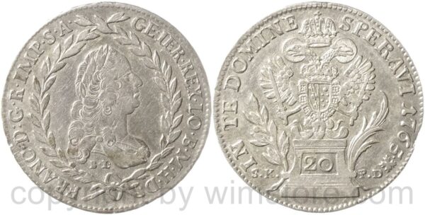 franz von lothringen 1745 1765, 20 kreuzer 1765 kremnitz, bl // sk pd, posthum 1776, silber, ss