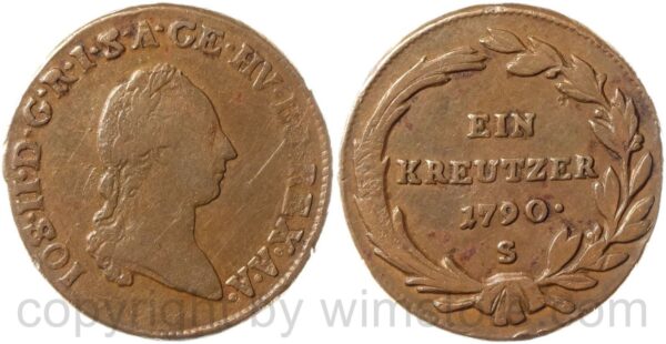 josef ii. 1780 1790, alleinregent, 1 kreuzer 1790 s, schmölnitz, kupfer, ss