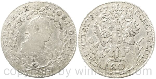 josef ii. 1780 1790, alleinregent, 20 kreuzer 1781 b, kremnitz, silber, s