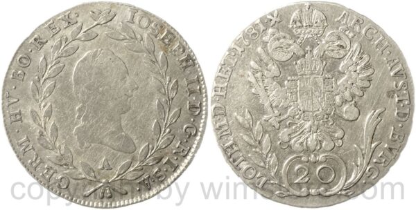 josef ii. 1780 1790, alleinregent, 20 kreuzer 1781 a, wien, silber, s ss